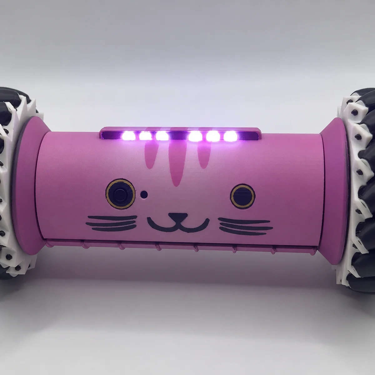 Close-up of the Lord Fluffers cat face with its pink LEDs lit